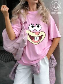 休闲卡通印花宽松T恤，夏季 - 桃紅色2 - 查看 1