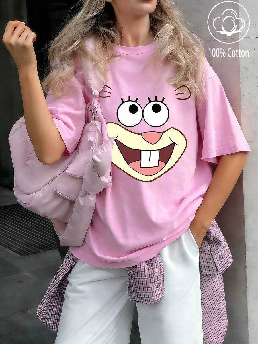 休闲卡通印花宽松T恤，夏季 - 桃紅色2 - 查看 1
