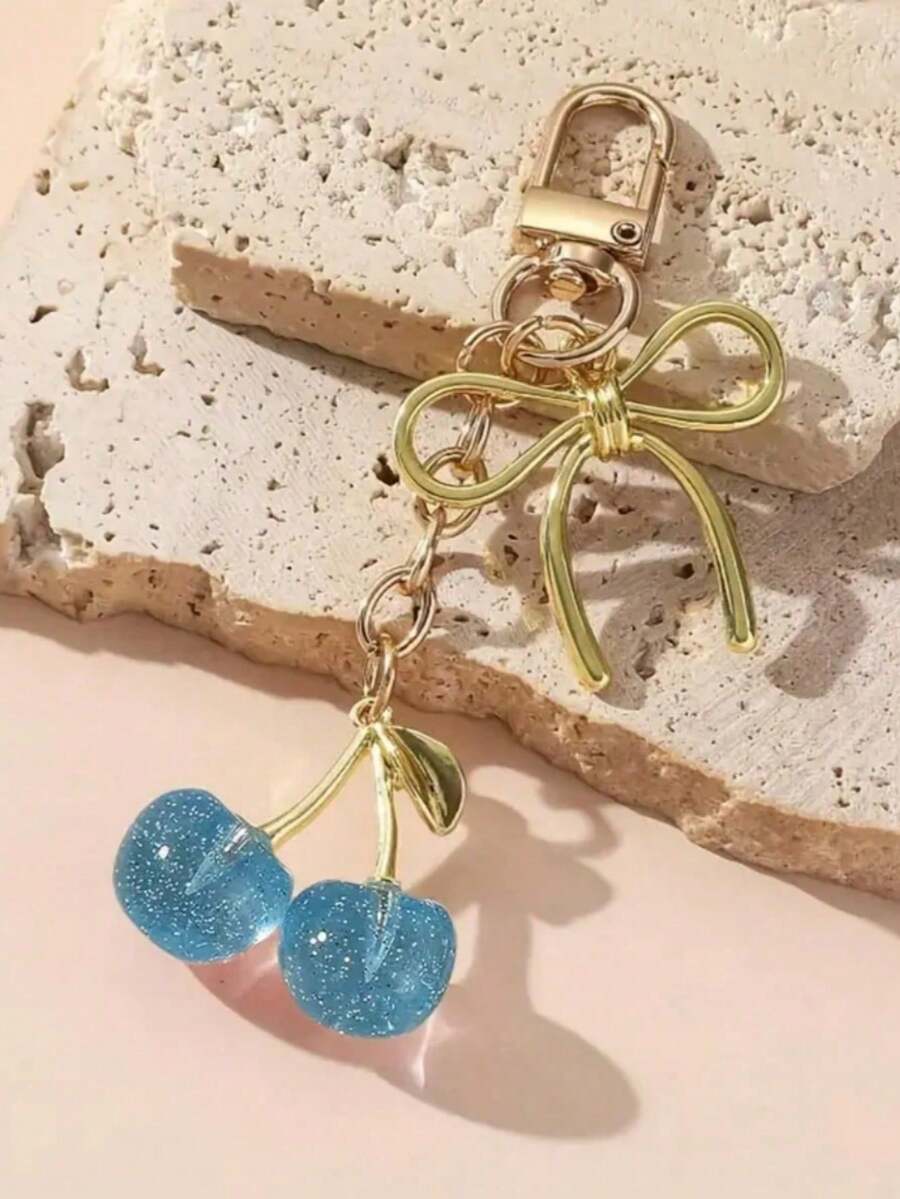 1pc Unisex Cherry Keychain, Fashionable Bow Pendant, Luxury Style Delicate Bag Charm - Multicolor - View 1