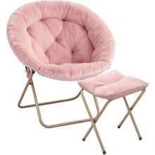 Folding Saucer Chair For Adults With Ottoman, Circle Reading Chair For Bedroom, Living Room & Dorm, Furry Comfy Accent Seat With Metal Leg & Thick Padded For Small Spaces (Pink, 1 Pack) - Hồng/Vàng - Xem 1