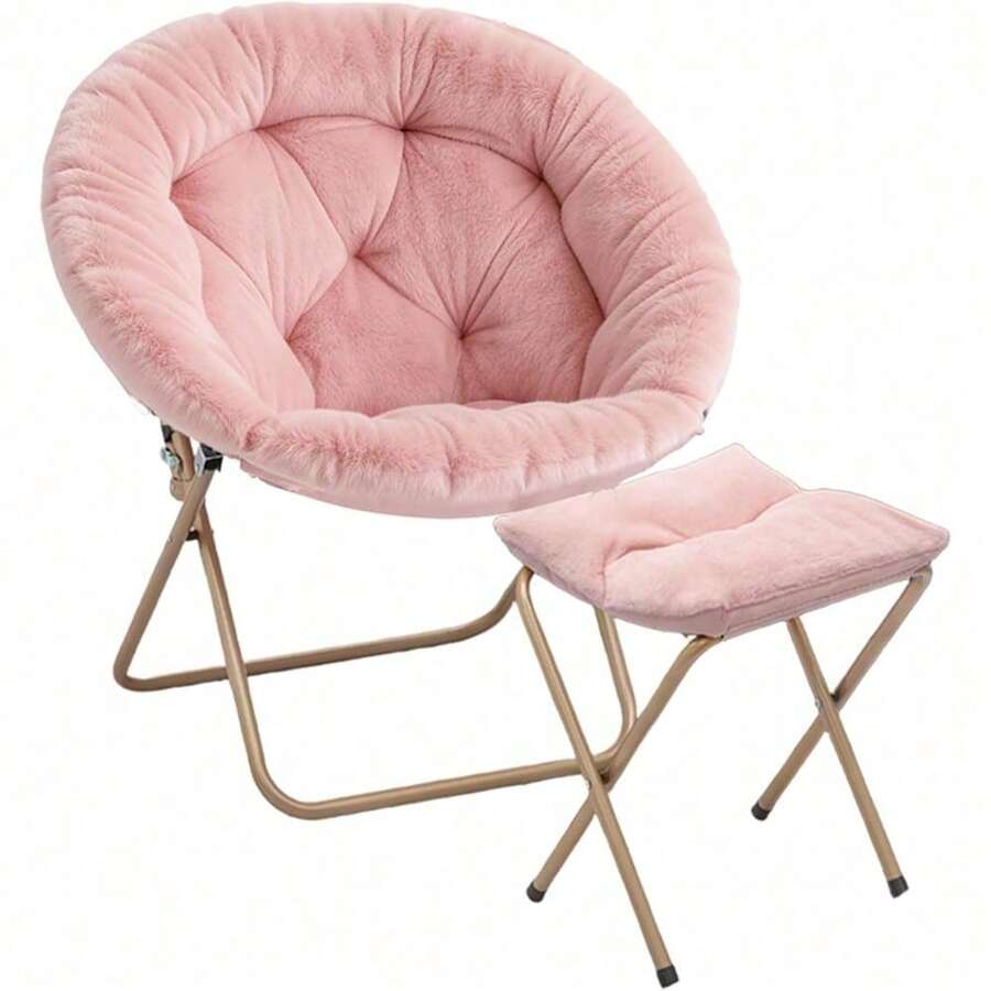 Folding Saucer Chair For Adults With Ottoman, Circle Reading Chair For Bedroom, Living Room & Dorm, Furry Comfy Accent Seat With Metal Leg & Thick Padded For Small Spaces (Pink, 1 Pack) - Hồng/Vàng - Xem 1