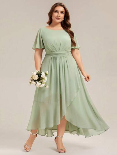 Plus Size Elegant Chiffon Ruffle Sleeve Sage Green Bridesmaid Dress With Asymmetrical Hem Spring Summer Wedding Guest Dress For Party And Holiday