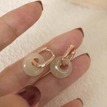1 Pair Of Simulated Hetian Jade Circular Earrings - Simple And Unique Design - Peace Charm And Transportation Ear Pendants - Gold - View 1