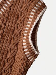 Men's Collegiate Style Cable Knit V-Neck Sleeveless Sweater Vest - Brown - View 4