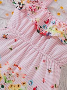 Bộ áo liền quần không tay in họa tiết sọc nhún bèo mùa hè cho bé gái - Hồng - Xem 4