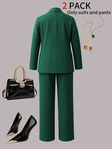 Plus Size Women's Casual 2-Piece Set, Elegant Plus Size Professional Suit With Button Detail, Regular Sleeve Blazer And Pants, Suitable For Business, Office, Exhibitions, Formal Meetings - Dark Green - View 7