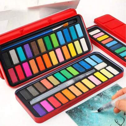 1 Pack Portable Watercolor Paint Set With Metal Tin, 12 Colors Handpainted Art Supplies