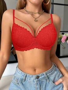 Hersunei Sujetador de encaje rojo y sexy tipo "Peach Girl", adecuado para mujeres - Realza el busto, cómodo y transpirable, con detalles de encaje encantadores, versátil para uso diario - Rojo - Ver 5