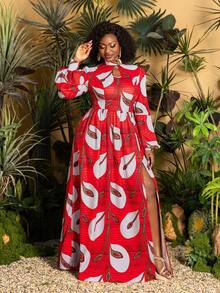 Faeriesty Plus Size Women's Elegant Red Floral Print Dress, With Fashionable Floral Pattern, Lantern Sleeves, Slit Design, Suitable For Elegant Party, Beach Vacation Spring - Red - View 5