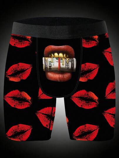 1 Pack Playful & Cute Men's Casual Boxer Briefs, Featuring Red Lip Print, Brand Underwear, Knit Fabric, Breathable & Moisture-Wicking, Soft & Skin-Friendly. Perfect Valentine's Day Gift For Boyfriend. Novelty Men's Shorts.