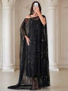 Elegant Women's Black 2-Piece Robe With Contrast Sequin & Ruffle Details, Asymmetric Batwing Sleeve Oblique Shoulder Collar Design, Drawstring Waist - Black - View 4