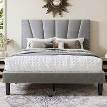 Allewie Full/Queen/King Size Bed Frame With Adjustable Velvet Upholstered Headboard, Rivet-Style Nailhead Trim Detail Platform Bed Frame, Wooden Slat Support, No Box Spring Needed, Easy Assembly, Grey - 灰色 - 查看 2