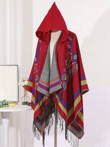 1件几何图案条纹流苏连帽斗篷披肩 - 彩色 - 查看 15