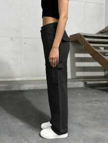 女士长款直筒牛仔工装裤，带口袋，休闲装 - 黑色 - 查看 6