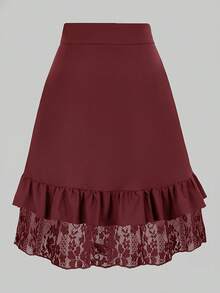 女士优雅纯色蕾丝拼接荷叶边下摆休闲高端简约哥特风A字裙 春季 - 紅色 - 查看 2