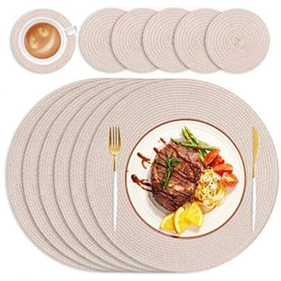 Wiipara Round Woven Placemats Set Of 6 Heat Resistant Round Braided Table Mats 34 Cm Washable Placemats And Coaster Sets For Dining/Kitchen Table Party Wedding Beige