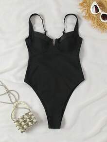 1pc Sexy V-Neck Black White Patchwork One-Piece Swimsuit Women Lingerie Teddies And Bodysuits Comfortable Stretchy Fabric Summer Beachwear - 黑色 - 查看 2