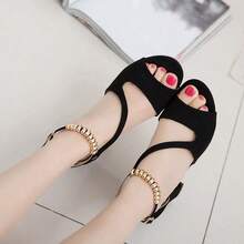 Sandalias de tacón alto con una sola correa para mujer. Zapatos de tacón alto de verano para estudiantes, con punta abierta y estilo romano. - Negro - Ver 4