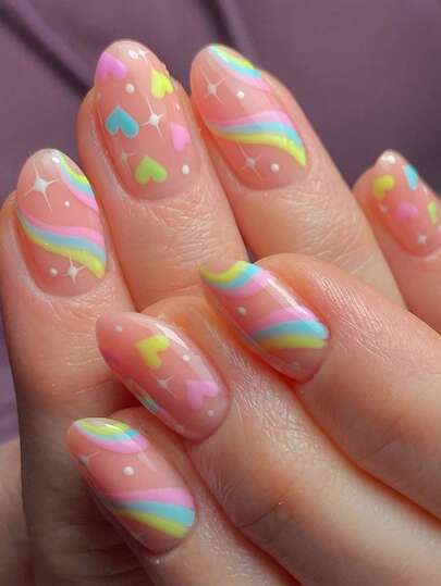 Press On Naglar Ovala Lösnaglar Korta Söta Romantiska Lösnaglar Med Randiga Färgglada Kärleksstjärnor Design Heltäckande Limnaglar Glansiga Självhäftande Naglar För Kvinnor Flickor Nageldekorationer