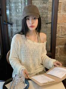 夏季米色做旧镂空针织上衣 - 优雅纯正的Yurty性感休闲街头Y2K长袖露肩毛边宽松束腰女式针织上衣和女式衬衫 | 适合年轻女士、女士、甜美女孩、Y2K女孩和性感女孩，完美适用于情人节/妇女节/母亲节/休闲聚会/海滩度假/派对聚会/返校季/婚礼季/音乐节/2026做旧针织上衣 - 杏色 - 查看 1