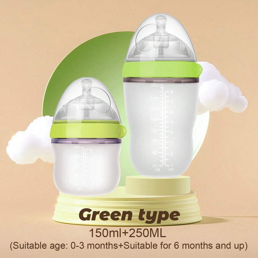 1个150毫升/250毫升硅胶婴儿奶瓶，防摔耐热，宽口设计，适合0-6-12个月的婴儿 - 彩色 - 查看 1