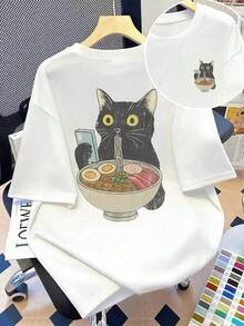 Women Cartoon Print Casual Versatile Commuting Short Sleeve T-Shirt,Ramen Cat T-Shirt, Cat Lover Gift, Anime Cat T-Shirt, Japanese Shirt, Cat T-Shirt, Kawaii Shirt, Foodies Shirt, Ramen Lover Shirt, Kitty Tee - White - View 1