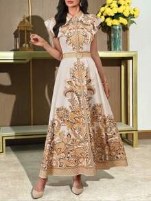 Women's Elegant Bohemian Floral-Print Dress – Sleeveless, Collared, Waist Belt With Japanese-Style Buckle, Ruffled Hem, Perfect For Vacations & Casual Wear Elegant Dresses For Women Women's Ramadan Clothes - Apricot - View 1