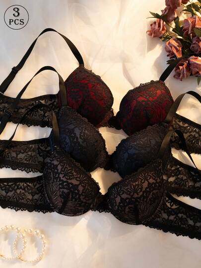3pcs Valentine's Day Sexy Lingerie Set, Underwire Bra With Adjustable Straps, 3/4 Cup Enhances Cleavage, Lace Details With Back Closure, Soft & Comfortable Everyday & Occasion Bra For Women