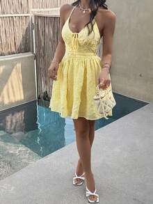 Unadoll Women's Low Cut Backless Lace Up, Neck And Waist Cinching Pleated Fabric Sexy Dress, Suitable For Dates, Vacations, Beaches, Valentine's Day Outfits - Yellow - View 6