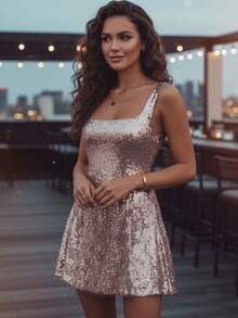 Women's Glitter Sequin Dress Sleeveless Square Neck V Neck Party Cocktail Sparkly Mini Dress Clubwear - 金色 - 查看 2