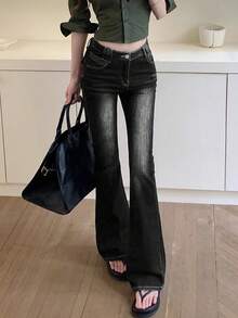 High Waist Retro Slimming Flared Jeans Casual Black Fall - Black - View 6