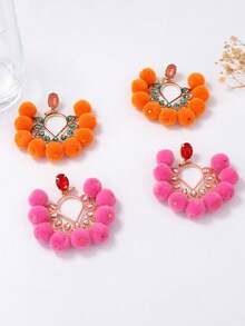 1对简约时尚清新夸张毛球微镶锆石吊坠耳环，小众高端女士耳环 - 玫紅色 - 查看 3