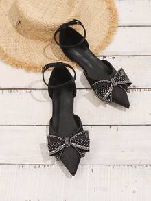 Women's Fashion Pointed Toe Black Crystal Bow Mary Jane Shoes, Casual Hollow Out Sandals - Black - View 5