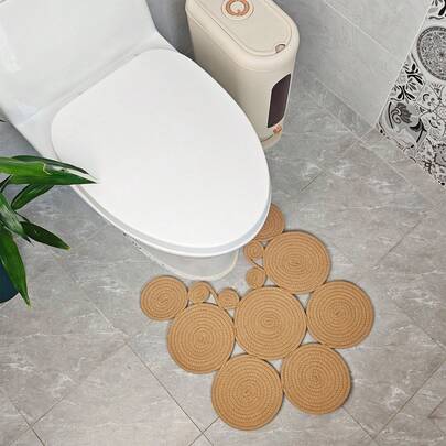 半件套波西米亚风浴室地毯，可水洗亚麻U型马桶地毯和方形防滑浴垫，双面手工编织亚麻地垫，适合春季浴室装饰，也适用于厨房、卧室、玄关、春季家居装饰，乔迁新居礼物！ - 19.69*31.5英寸