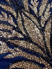 UNITHORSE Women's V-Neck Batwing Sleeve Long Luxury High-End Elegant Sequin Lace Patchwork Matte Satin Nightgown Dress - Navy Blue - View 8