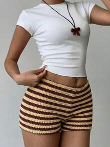 Quần short nữ cạp thấp kẻ sọc gợi cảm, quần short siêu ngắn thoải mái, thời trang, mặc hàng ngày, đi biển, nghỉ lễ, phong cách bohemian, dự tiệc, lễ hội mùa hè - Nhiều màu - Xem 1
