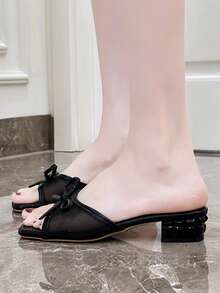 女士凉鞋，夏季厚跟露趾罗马系带蝴蝶结角斗士凉鞋，网面女士拖鞋 - 黑色 - 查看 4