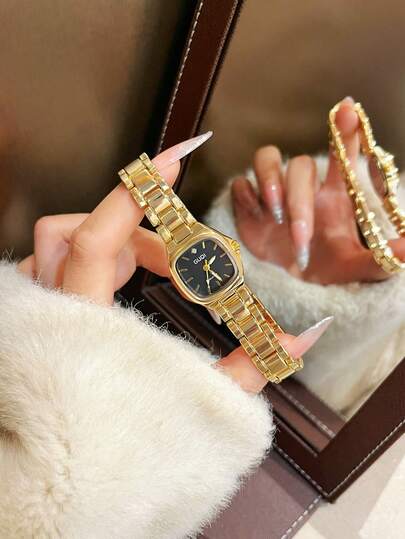 1pc Elegant Gold Quartz Watch For Women - Diamond Bezel, Square Dial, Luxury Bracelet Watch, Fashionable Wristwear For Special Occasions, Casual & Formal Wear, Perfect Gift For Her, And Chic Timepiece