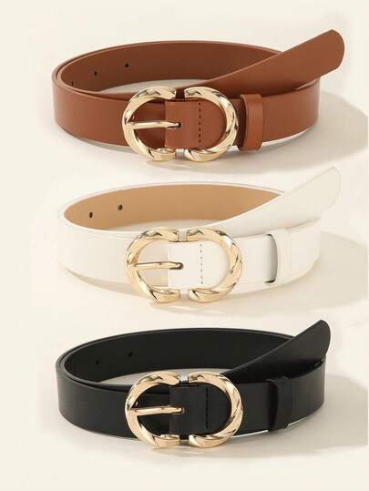 3 Pieces Set Of Women's Simple And Fashionable Versatile Belt, Classic Belt For Jeans And Dresses, Black Belt With Three Loops, Two Loops, And One Loop Metal Buckle Design, Elegant Solid Color Belt