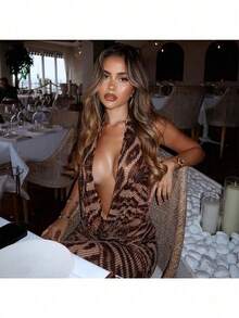 Hot  New Sleeveless Neck Deep V Leopard Print Spice Girl High Waist Slim Hip Wrap Dress Temperament Evening Dress - Mocha Brown - View 3