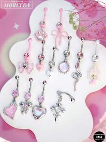 Morlyda 5件套可爱甜美粉色钢制蝴蝶、爱心、花朵肚脐环，不锈钢蛇形十字肚脐环，亚克力星星吊坠肚脐环，闪电肚脐环，猫咪肚脐环，适合女性和女孩，可用于情人节、圣诞节、日常佩戴、派对、度假、聚会等场合。 - 粉色 - 查看 2