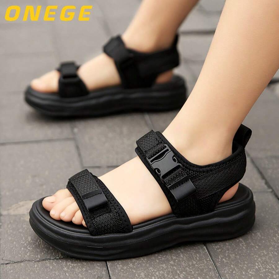 1 Pair Summer Children's Minimalist Outdoor Beach Sandals, Academy Style Breathable Non-Slip Wear-Resistant Flat Sandals For Kids - Black - View 1