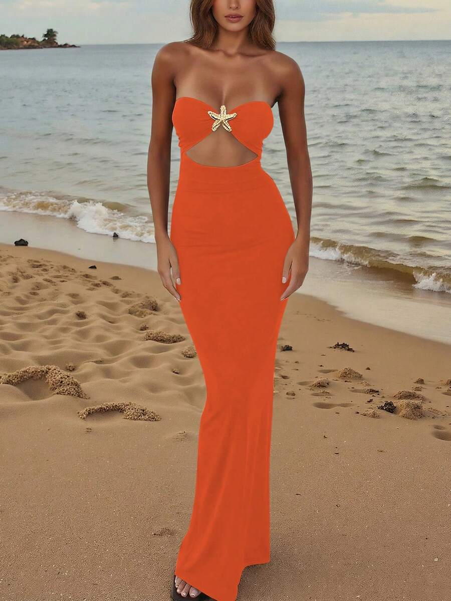 Women's Sexy Hollow-Out Bustier Metal Decor Bodycon Dress, Long Camisole Y2K Style Elegant Vacation, Party, Wedding Guest, Cocktail Dress, Fashionable Hollow-Out Dress, Spring/Summer/Autumn - Coral Orange - View 1