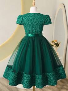 女童绿色云朵提花网纱罩衫连衣裙，适合假日派对 - 綠色 - 查看 4