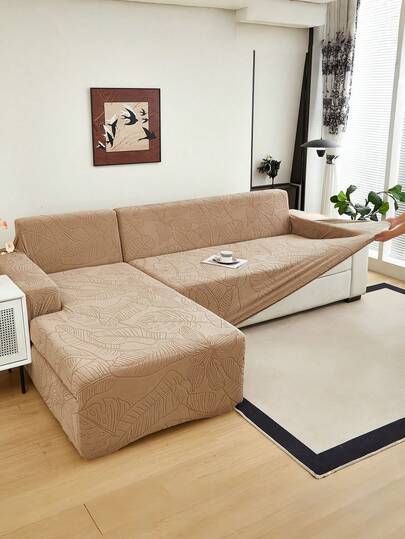 1pc Plush Leaf Pattern Stretch Sofa Cover, Nordic Modern Style Polyester Dust-Proof Anti-Slip Thickened Sofa Slipcover, Fit For 1/2/3/4 Seater Sofa, Especially Suitable For Autumn/Winter Sofa Decor, Pillow Cover Not Included