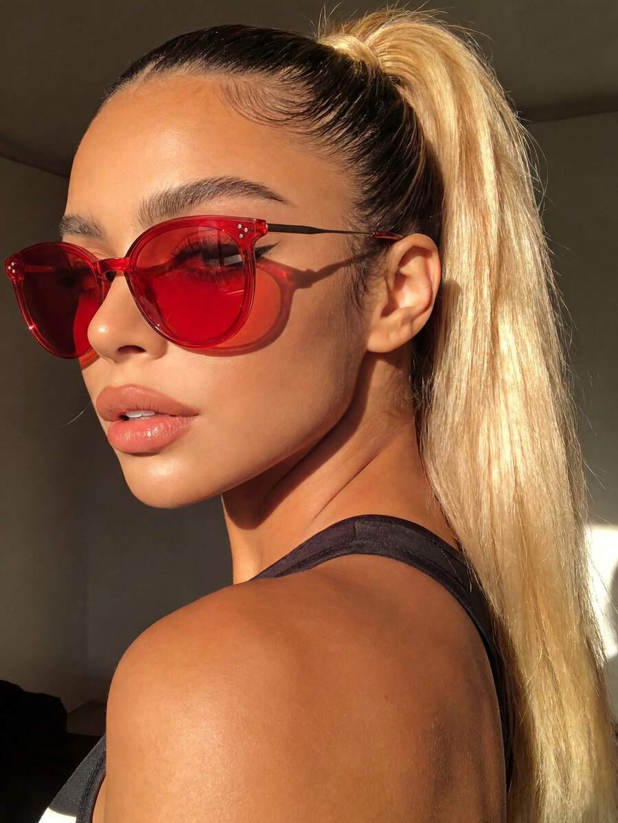 Vintage Round Large Frame Red Fashion Fashion Glasses, Metal Temples, Casual Decoration Daily Wear, Studded Unisex - Red - View 1