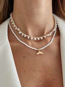 2件套海洋度假风仿珍珠串珠鱼尾吊坠项链，优雅奢华，适合婚礼、派对、海滩、休闲、街头风格，女士及情侣适用，节日、生日皆宜，百搭礼物 - 混色 - 查看 1