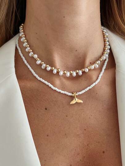 2件套海洋度假风仿珍珠串珠鱼尾吊坠项链，优雅奢华，适合婚礼、派对、海滩、休闲、街头风格，女士及情侣适用，节日、生日皆宜，百搭礼物