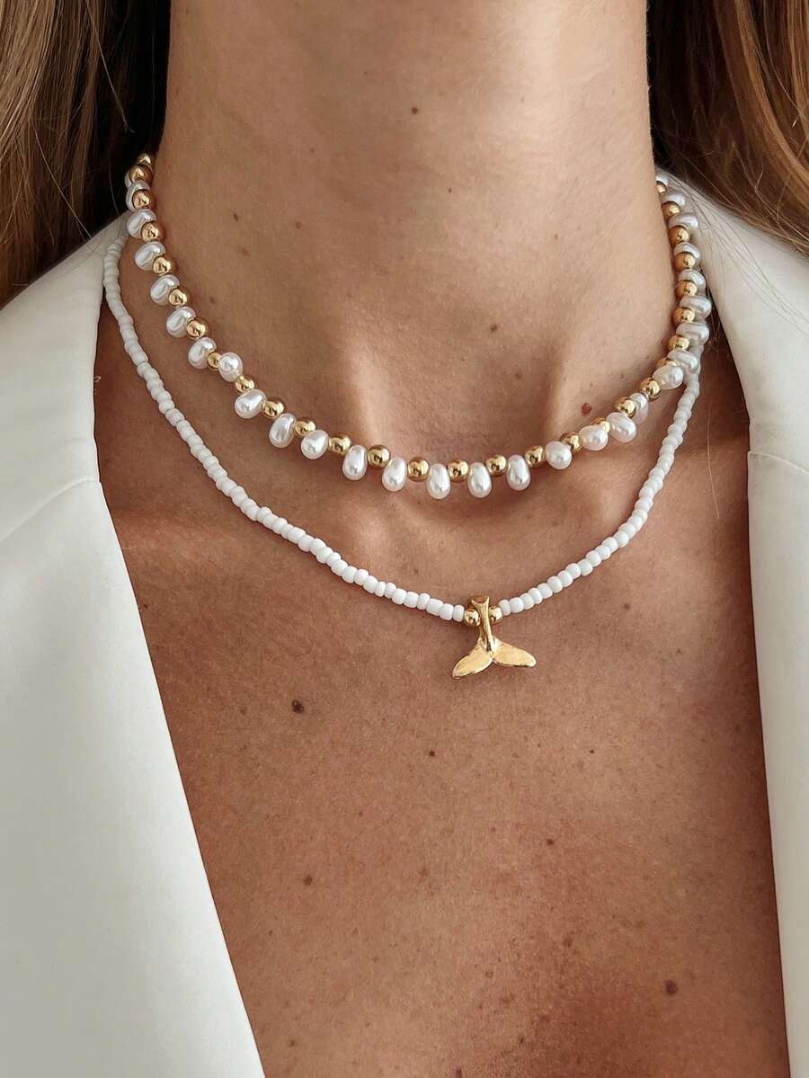 2件套海洋度假风仿珍珠串珠鱼尾吊坠项链，优雅奢华，适合婚礼、派对、海滩、休闲、街头风格，女士及情侣适用，节日、生日皆宜，百搭礼物 - 混色 - 查看 1
