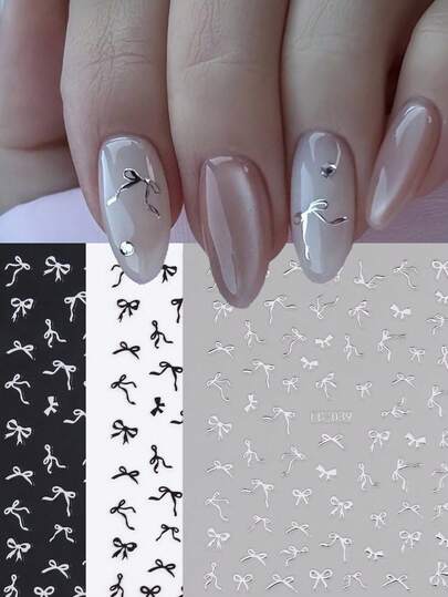 3 ชิ้น สติกเกอร์ติดเล็บ 3D ลายโบว์, รูปลอกติดเล็บโบว์สีเงิน/ขาว/ดำ, DIY ตกแต่งเล็บสำหรับงานแต่งงานปีใหม่ อุปกรณ์ทำเล็บ